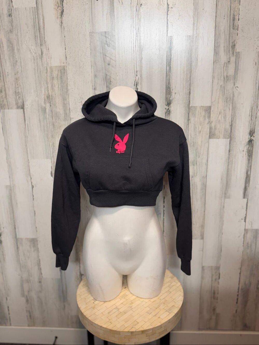 Playboy Pink Bunny Logo Cropped Fleece Hoodie Sweatshirt Womens XS Black Y2K